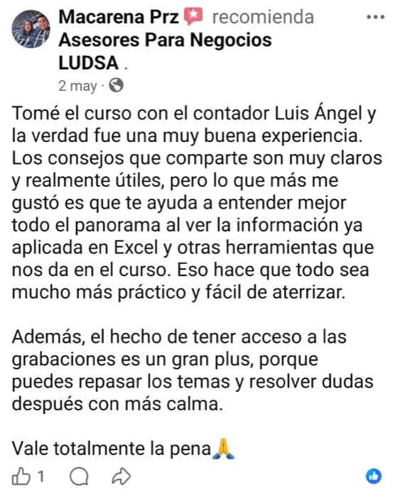 Reseña de Macarena Prz en Facebook para LUDSA